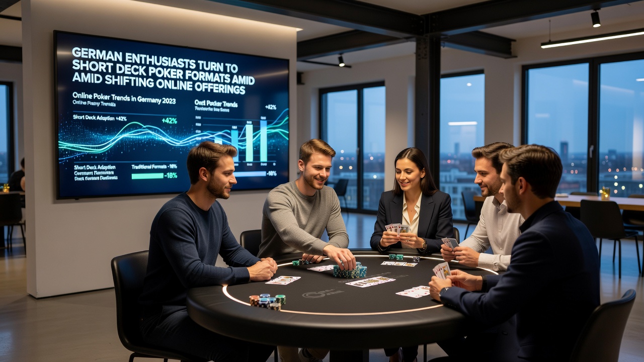 Analyse von Short Deck Poker Händen auf einem digitalen Tablet mit deutschen Spielern im Hintergrund