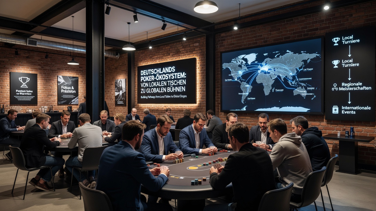 Gruppe deutscher Pokerspieler bei einer internationalen Qualifikation in einem Club mit Fokus auf strategische Diskussionen