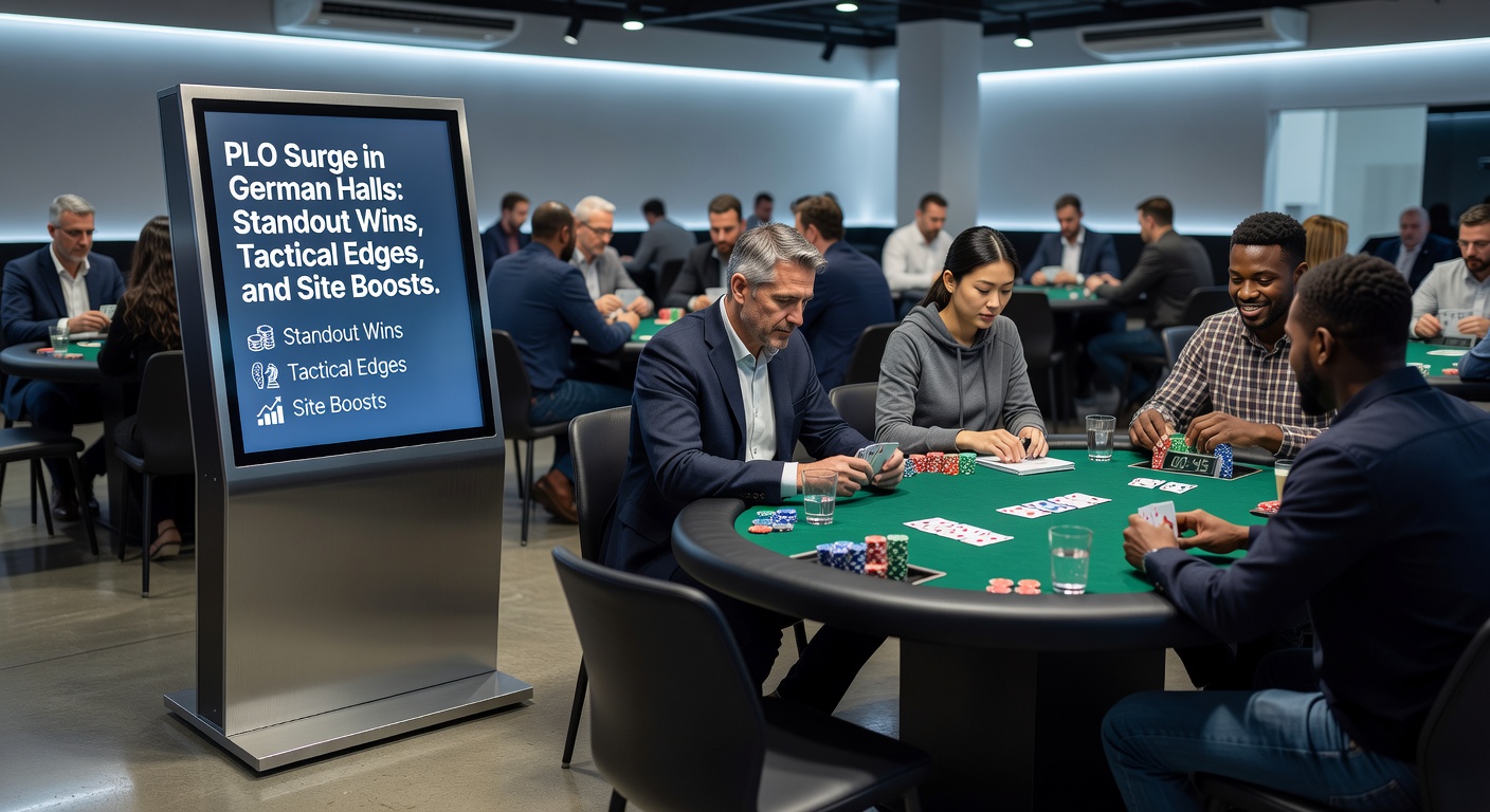 Spieler am PLO-Tisch in einer belebten deutschen Spielbank, Stapel von Chips im Vordergrund während eines intensiven Turniers