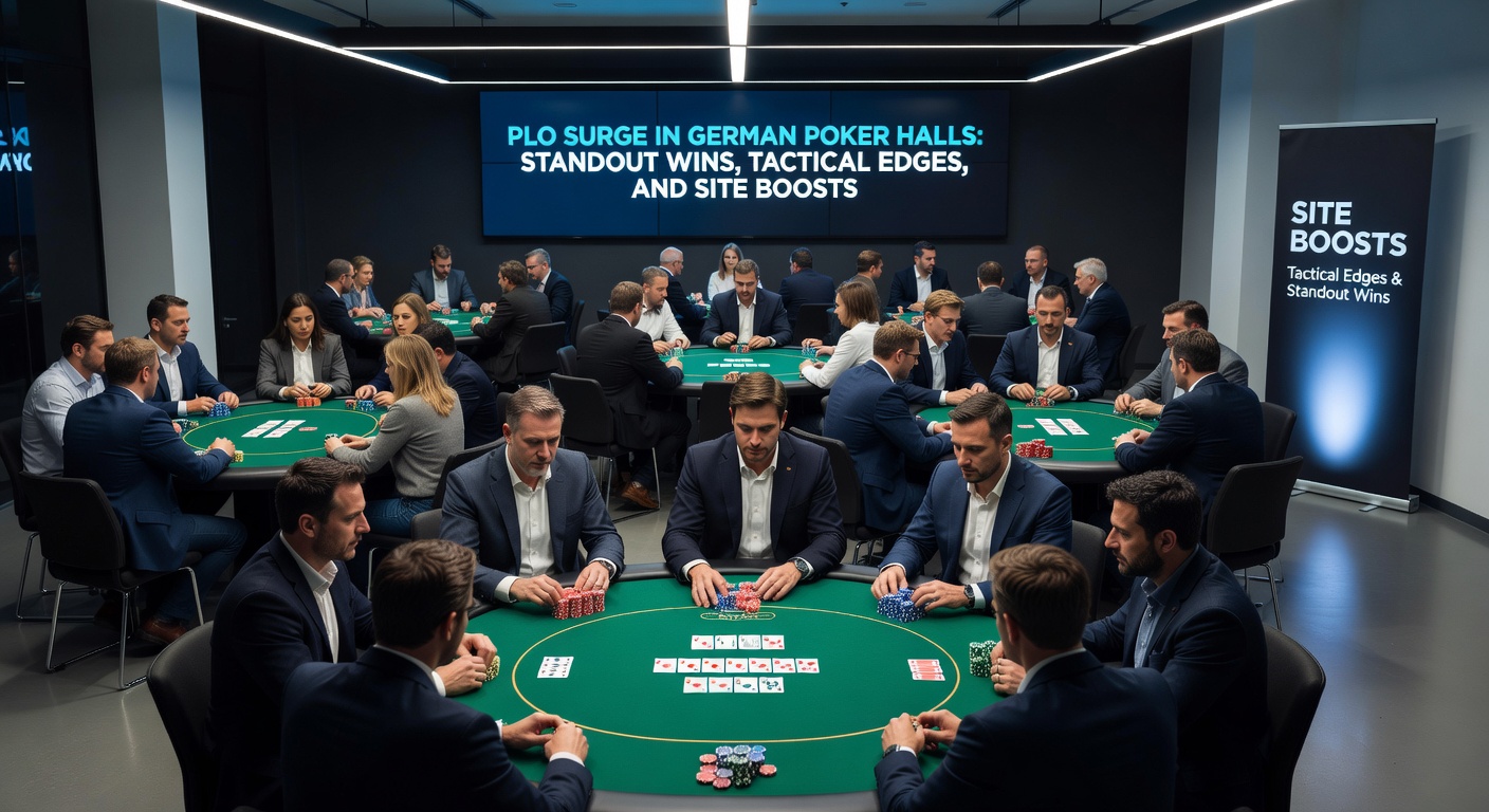 Nahaufnahme eines PLO-Turniers in einer deutschen Spielbank, Spieler analysieren den Board während eines entscheidenden All-ins mit hohen Chip-Stacks