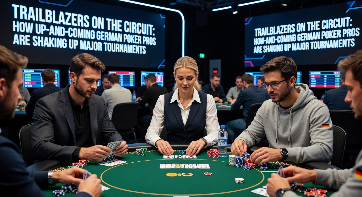 Junge deutsche Poker-Spieler feiern einen Turniersieg bei den European Poker Tour Finals, umgeben von jubelnden Fans und dem ikonischen WSOP-Trophäenpodest