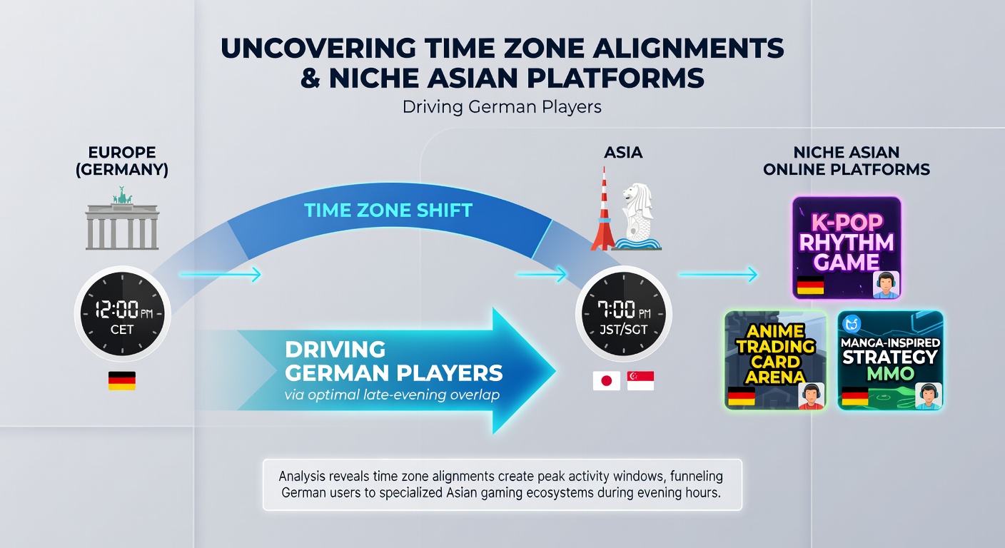 Karte mit Zeitlinien zwischen Deutschland und asiatischen Regionen sowie Beispiele für Plattform-Nutzung